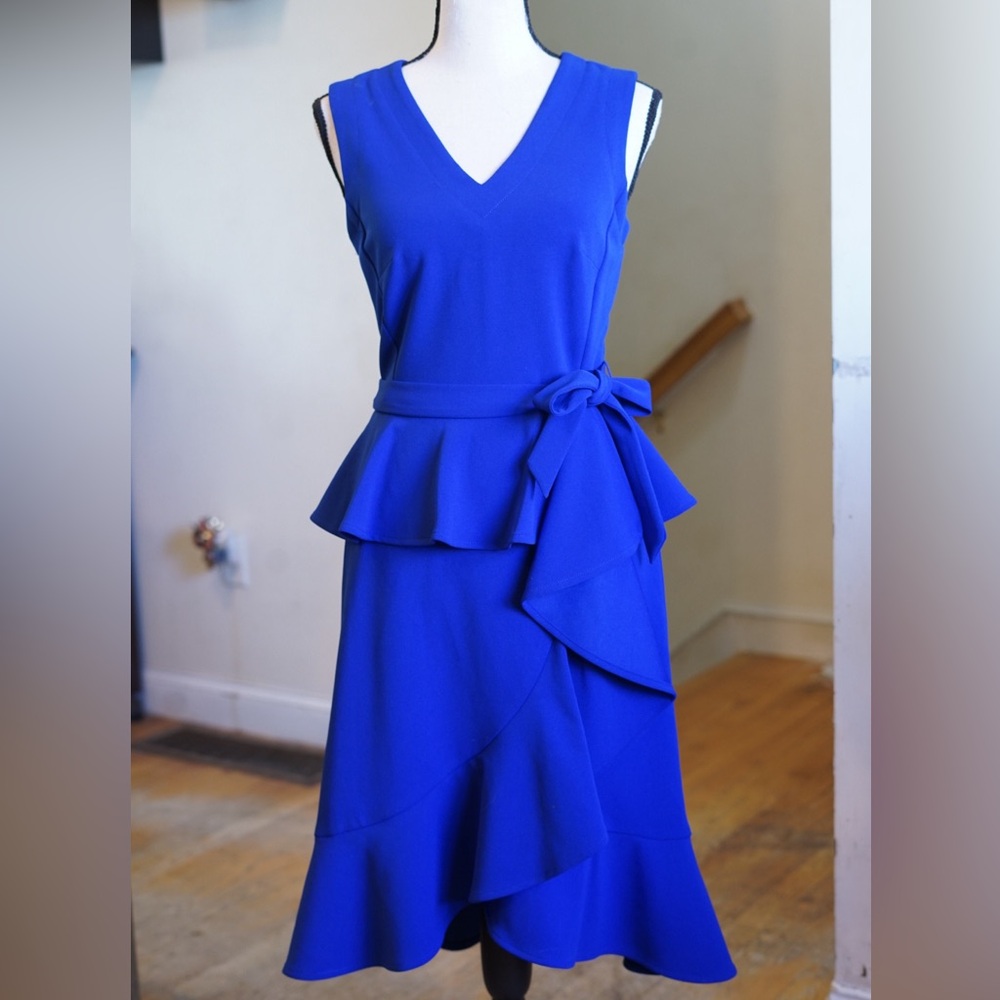 NWT Calvin Klein Royal Blue Scuba Crepe V-Neck Sleeveless Ruffle Sheath Dress 2